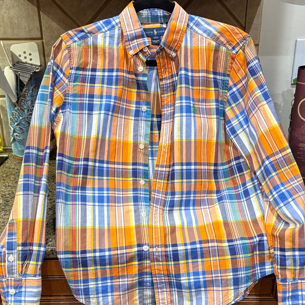 Polo by Ralph Lauren Orange, Blue & White Plaid Button-Down Shirt
